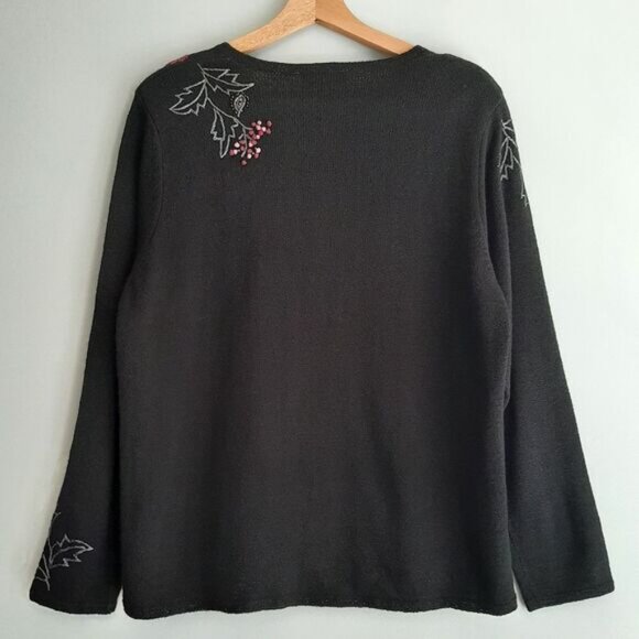 TANJAY / Floral Embroidered Button Down Fine Knit Cardigan Sweater Black Sz M P - Picture 8 of 15